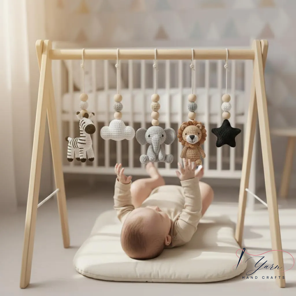 Handmade Custom Safari Baby Gym, Personalized Wooden Play Gym with Crochet Jungle Animals, Montessori Baby Activity Gym, Neutral Nursery Decor, Baby Shower Gift