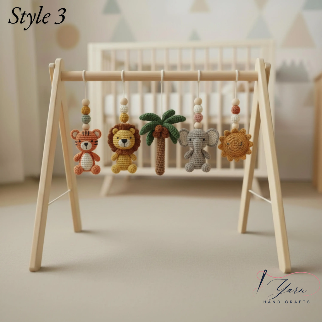 Handmade Custom Safari Baby Gym, Personalized Wooden Play Gym with Crochet Jungle Animals, Montessori Baby Activity Gym, Neutral Nursery Decor, Baby Shower Gift