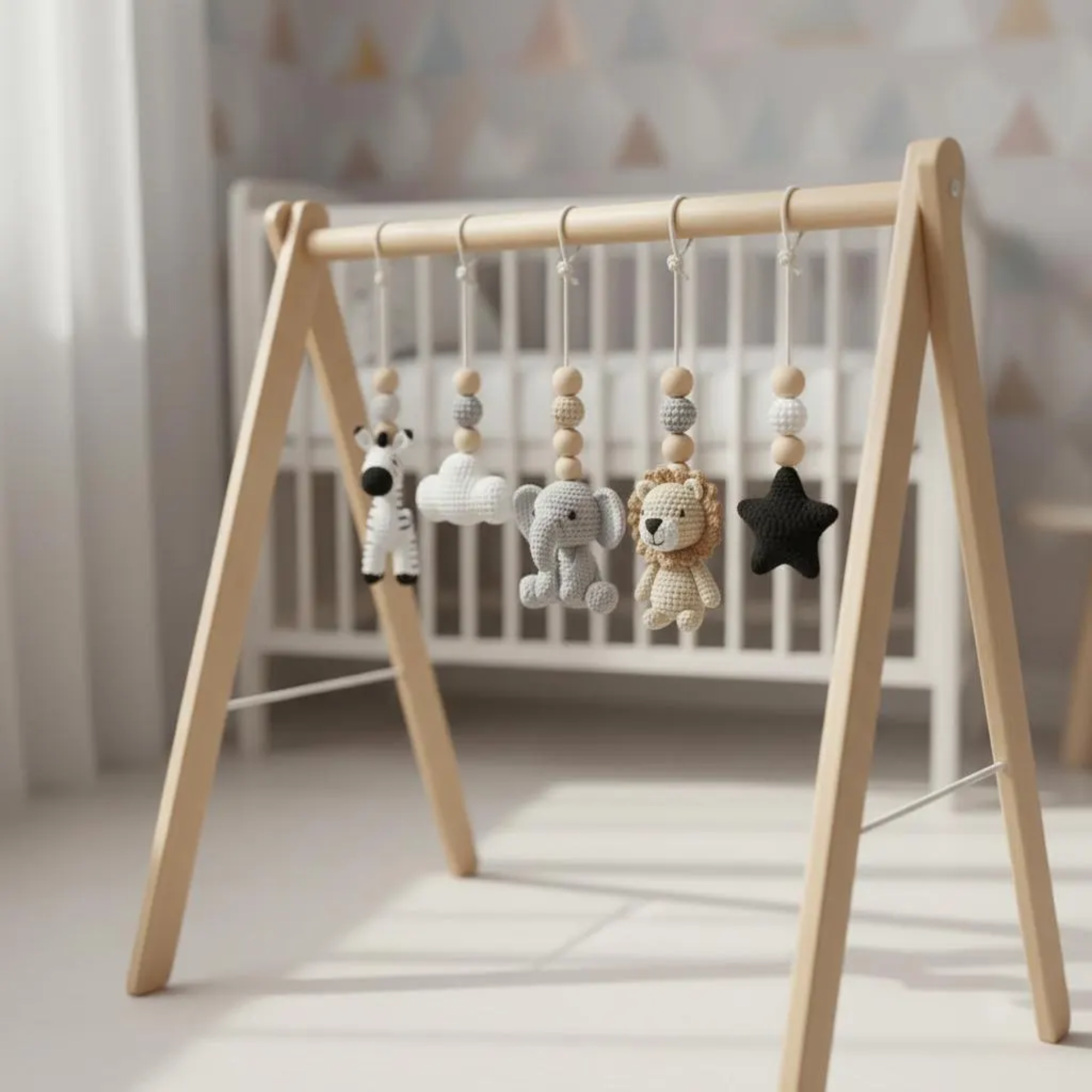 Handmade Custom Safari Baby Gym, Personalized Wooden Play Gym with Crochet Jungle Animals, Montessori Baby Activity Gym, Neutral Nursery Decor, Baby Shower Gift