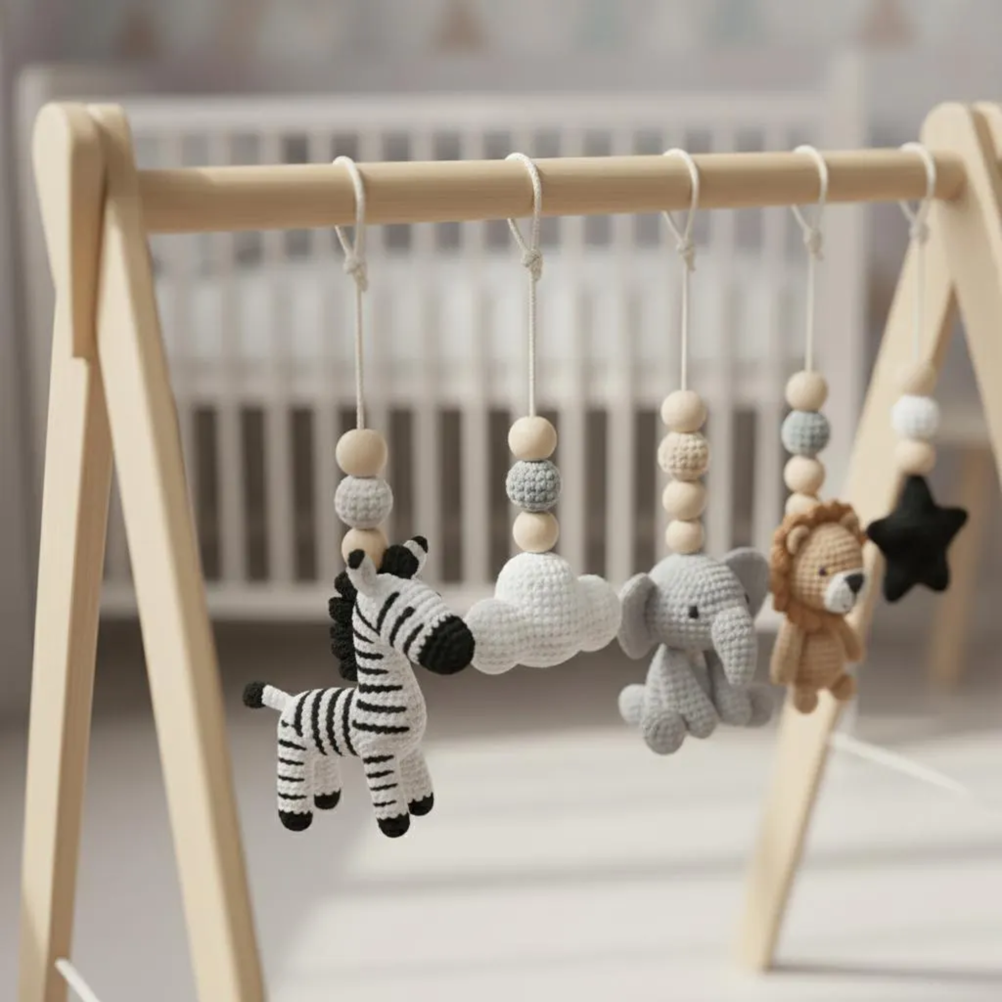 Handmade Custom Safari Baby Gym, Personalized Wooden Play Gym with Crochet Jungle Animals, Montessori Baby Activity Gym, Neutral Nursery Decor, Baby Shower Gift