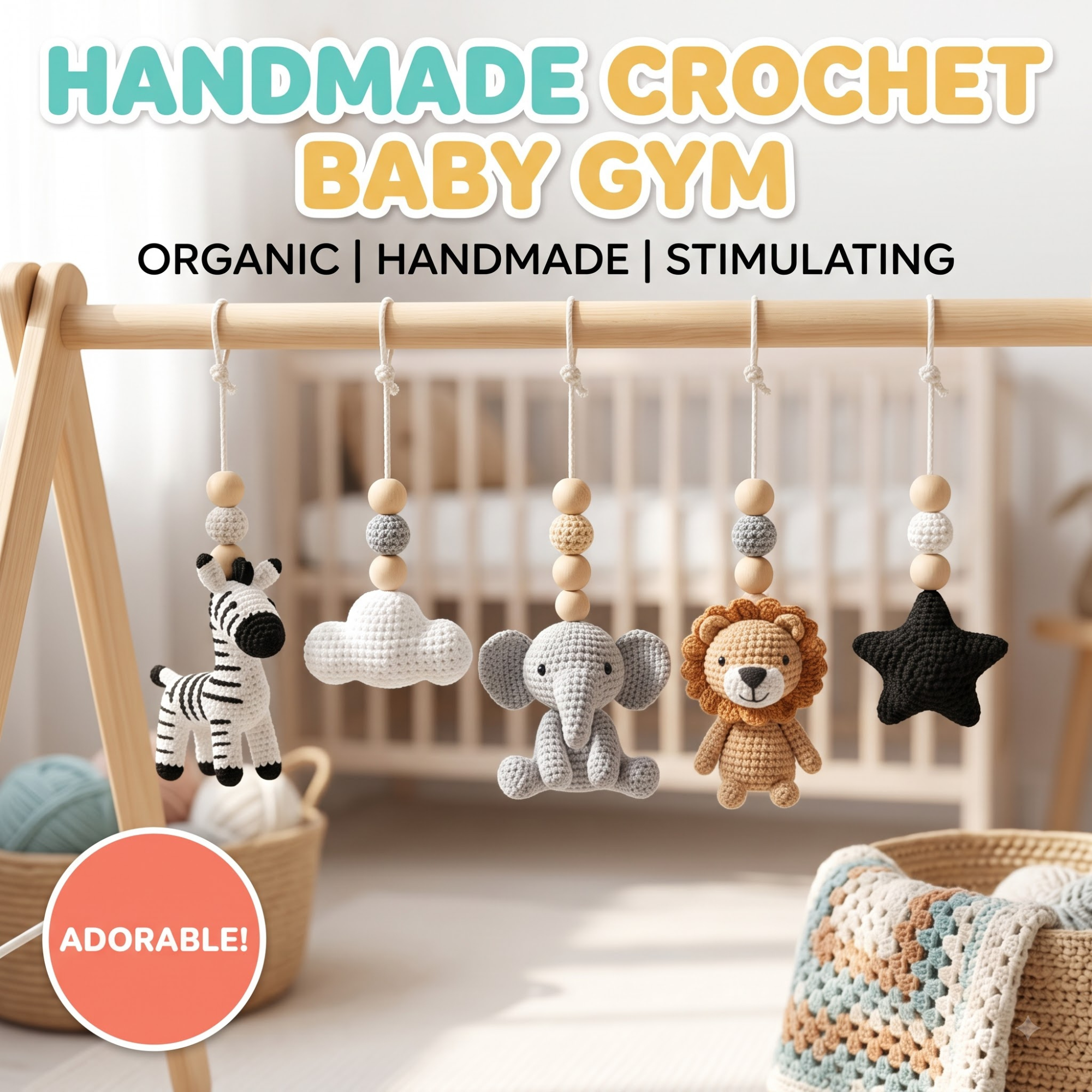 Handmade Custom Safari Baby Gym, Personalized Wooden Play Gym with Crochet Jungle Animals, Montessori Baby Activity Gym, Neutral Nursery Decor, Baby Shower Gift