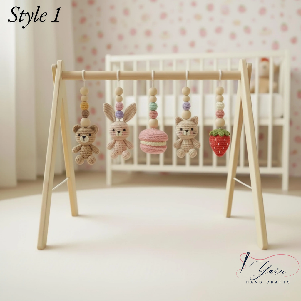 Montessori Baby Gym Animal Theme, Wooden Baby Play Gym with Crochet Bear Bunny Cat Macaron Strawberry, Neutral Nursery Decor, Baby Gift