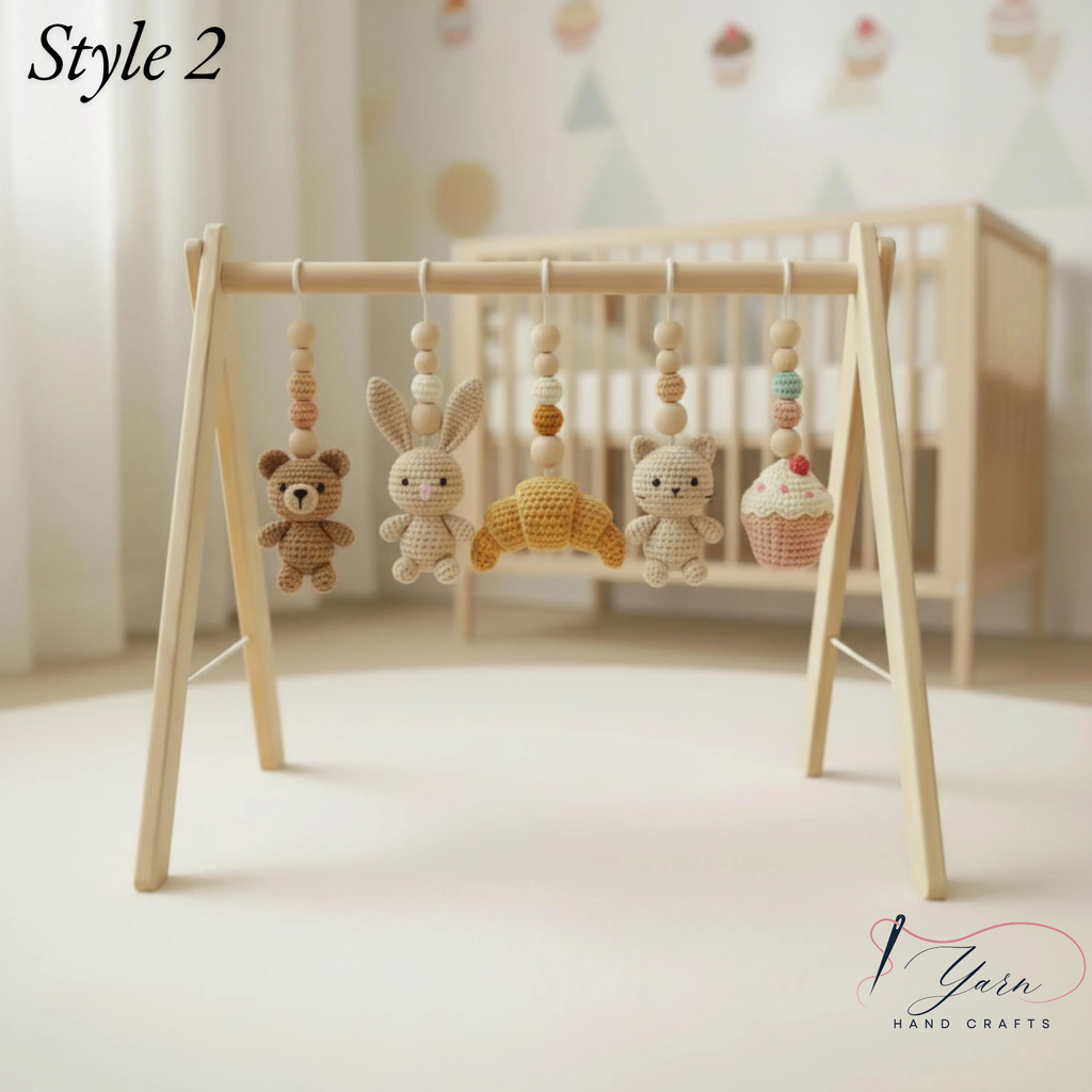 Montessori Baby Gym Animal Theme, Wooden Baby Play Gym with Crochet Bear Bunny Cat Macaron Strawberry, Neutral Nursery Decor, Baby Gift
