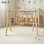 Montessori Baby Gym Animal Theme, Wooden Baby Play Gym with Crochet Bear Bunny Cat Macaron Strawberry, Neutral Nursery Decor, Baby Gift