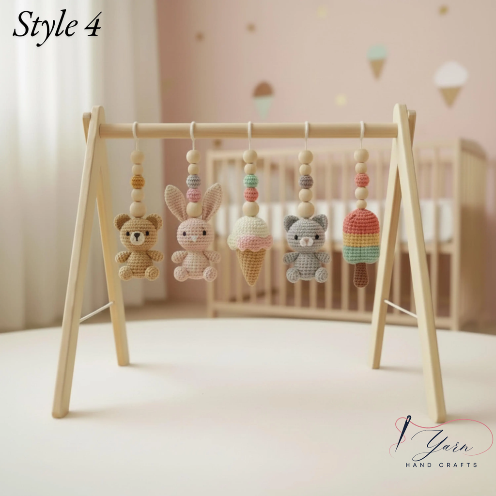 Montessori Baby Gym Animal Theme, Wooden Baby Play Gym with Crochet Bear Bunny Cat Macaron Strawberry, Neutral Nursery Decor, Baby Gift