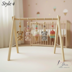 Montessori Baby Gym Animal Theme, Wooden Baby Play Gym with Crochet Bear Bunny Cat Macaron Strawberry, Neutral Nursery Decor, Baby Gift