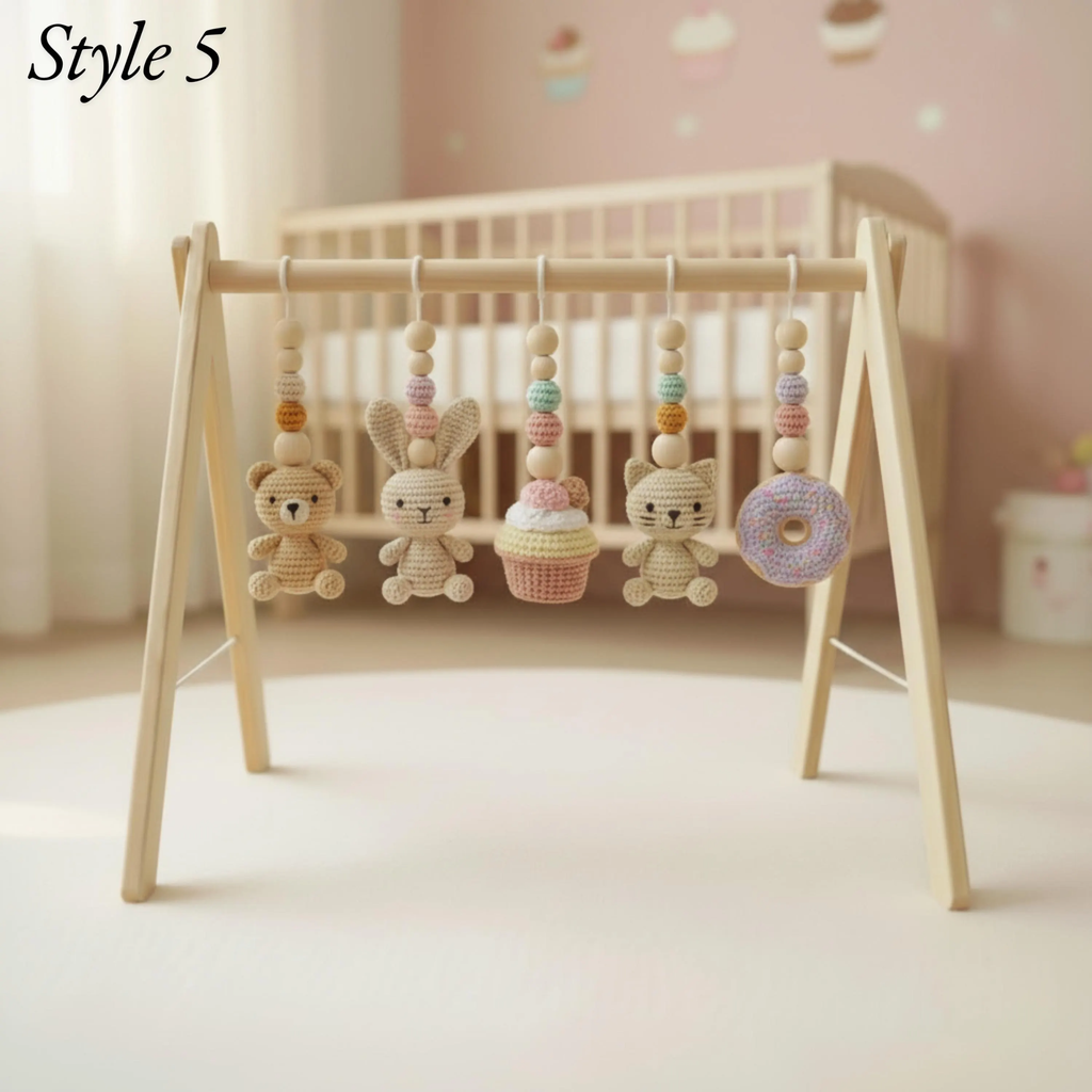 Montessori Baby Gym Animal Theme, Wooden Baby Play Gym with Crochet Bear Bunny Cat Macaron Strawberry, Neutral Nursery Decor, Baby Gift