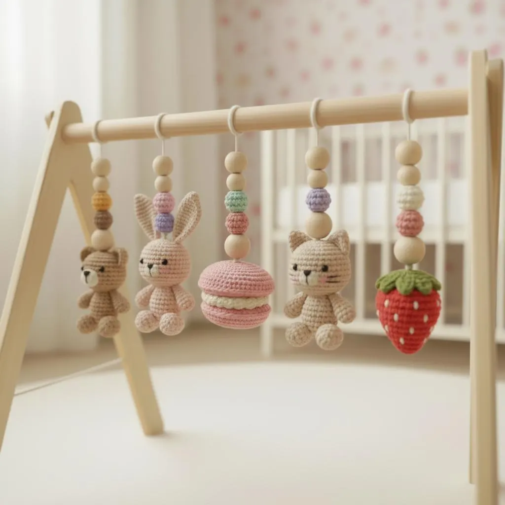 Montessori Baby Gym Animal Theme, Wooden Baby Play Gym with Crochet Bear Bunny Cat Macaron Strawberry, Neutral Nursery Decor, Baby Gift