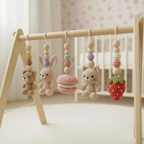 Montessori Baby Gym Animal Theme, Wooden Baby Play Gym with Crochet Bear Bunny Cat Macaron Strawberry, Neutral Nursery Decor, Baby Gift