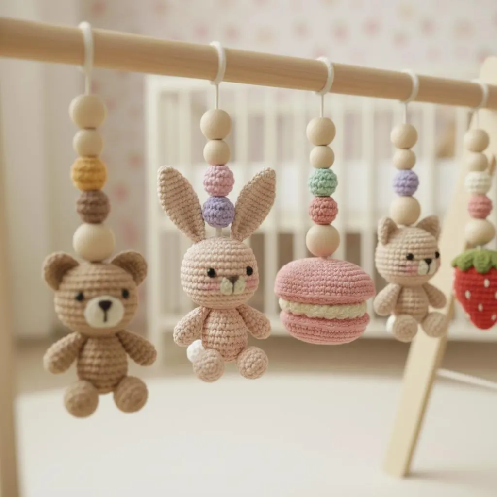 Montessori Baby Gym Animal Theme, Wooden Baby Play Gym with Crochet Bear Bunny Cat Macaron Strawberry, Neutral Nursery Decor, Baby Gift