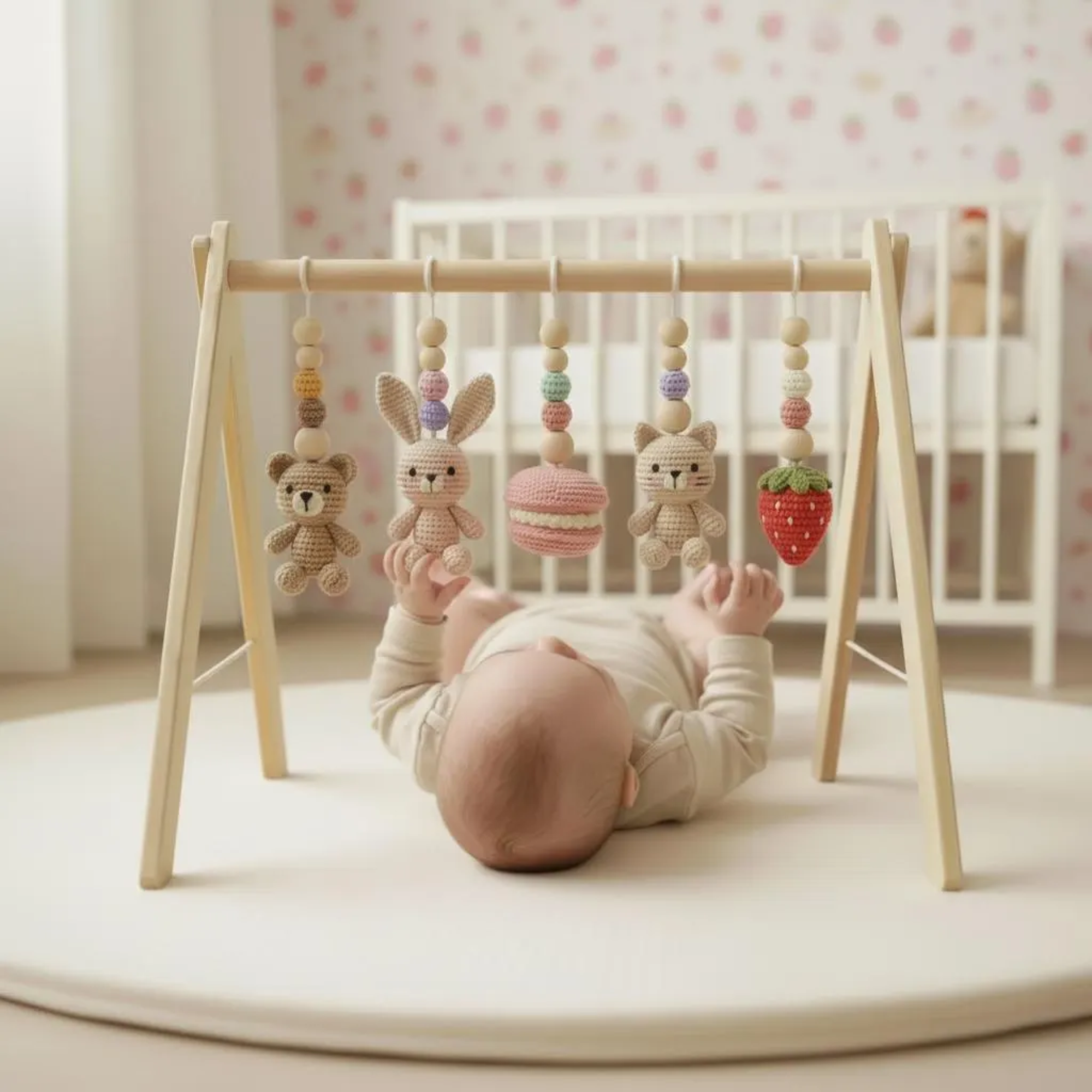 Montessori Baby Gym Animal Theme, Wooden Baby Play Gym with Crochet Bear Bunny Cat Macaron Strawberry, Neutral Nursery Decor, Baby Gift