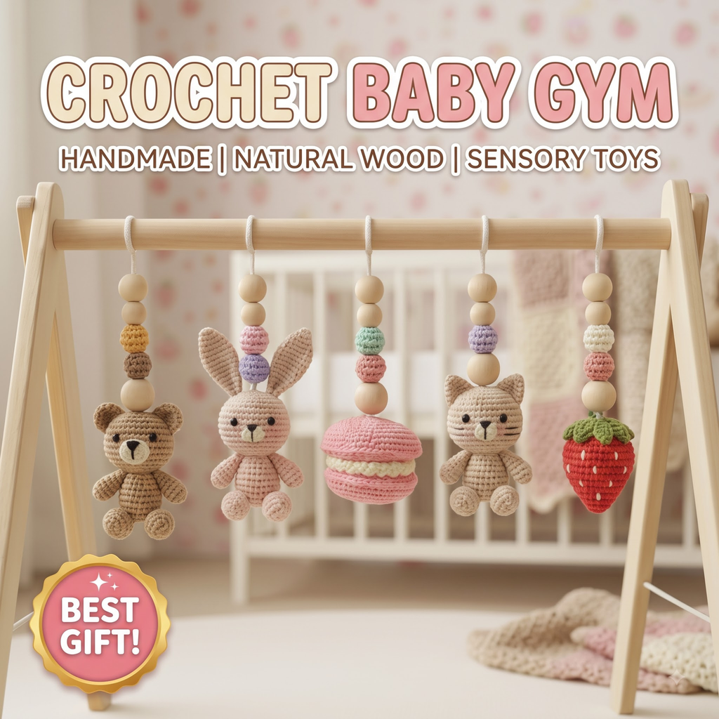 Montessori Baby Gym Animal Theme, Wooden Baby Play Gym with Crochet Bear Bunny Cat Macaron Strawberry, Neutral Nursery Decor, Baby Gift
