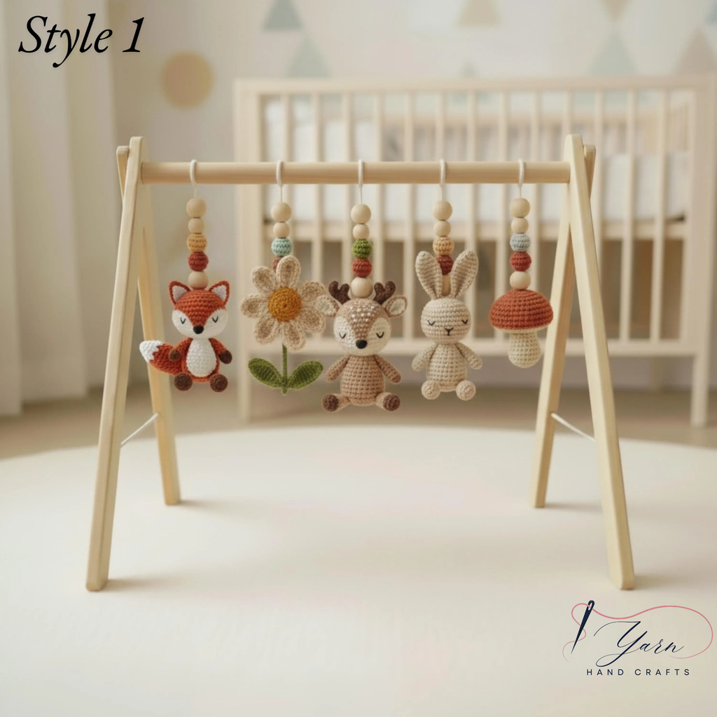 Woodland Baby Gym Wooden Play Gym with Crochet Fox Deer Bunny Flower Mushroom | Montessori Baby Activity Gym | Forest Nursery Decor