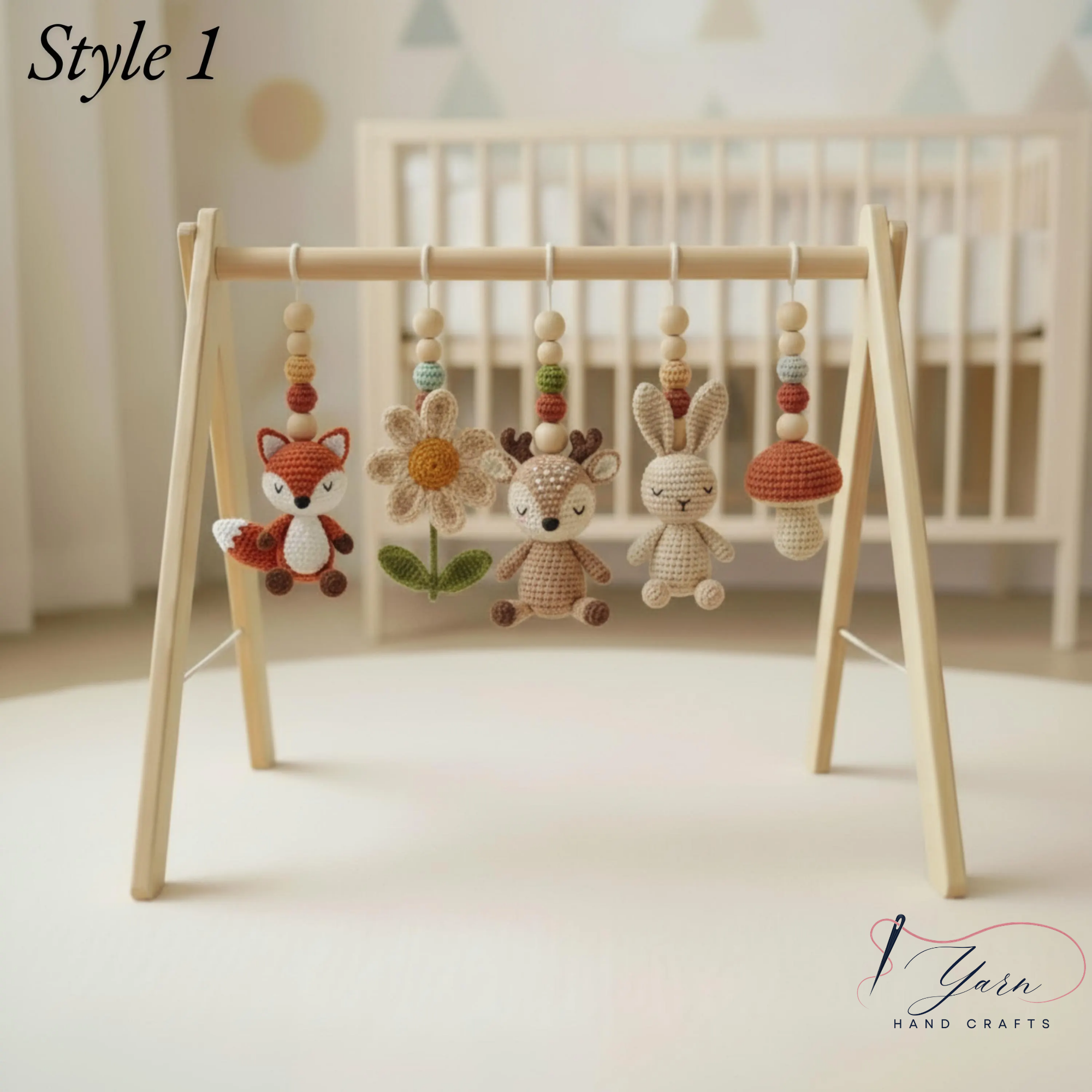 Woodland Baby Gym Wooden Play Gym with Crochet Fox Deer Bunny Flower Mushroom | Montessori Baby Activity Gym | Forest Nursery Decor