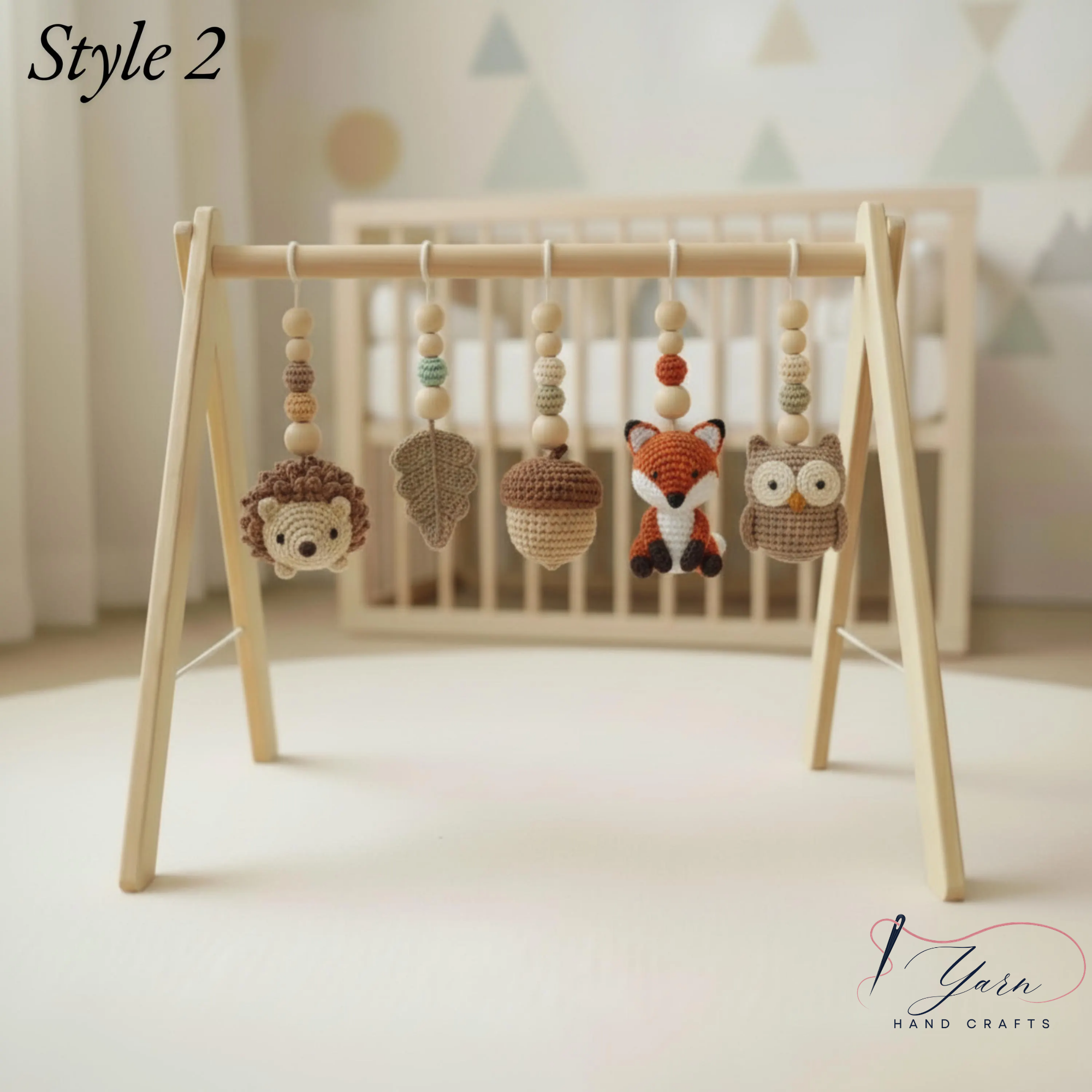Woodland Baby Gym Wooden Play Gym with Crochet Fox Deer Bunny Flower Mushroom | Montessori Baby Activity Gym | Forest Nursery Decor