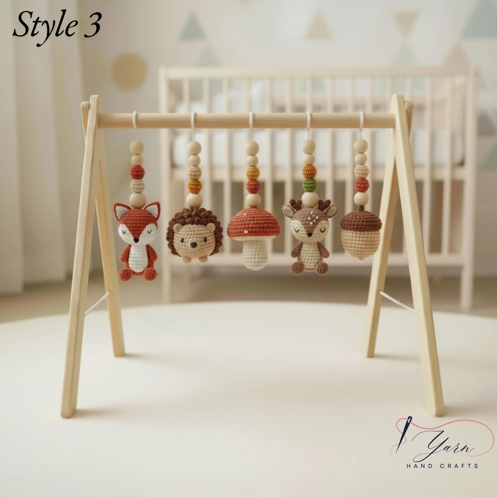 Woodland Baby Gym Wooden Play Gym with Crochet Fox Deer Bunny Flower Mushroom | Montessori Baby Activity Gym | Forest Nursery Decor