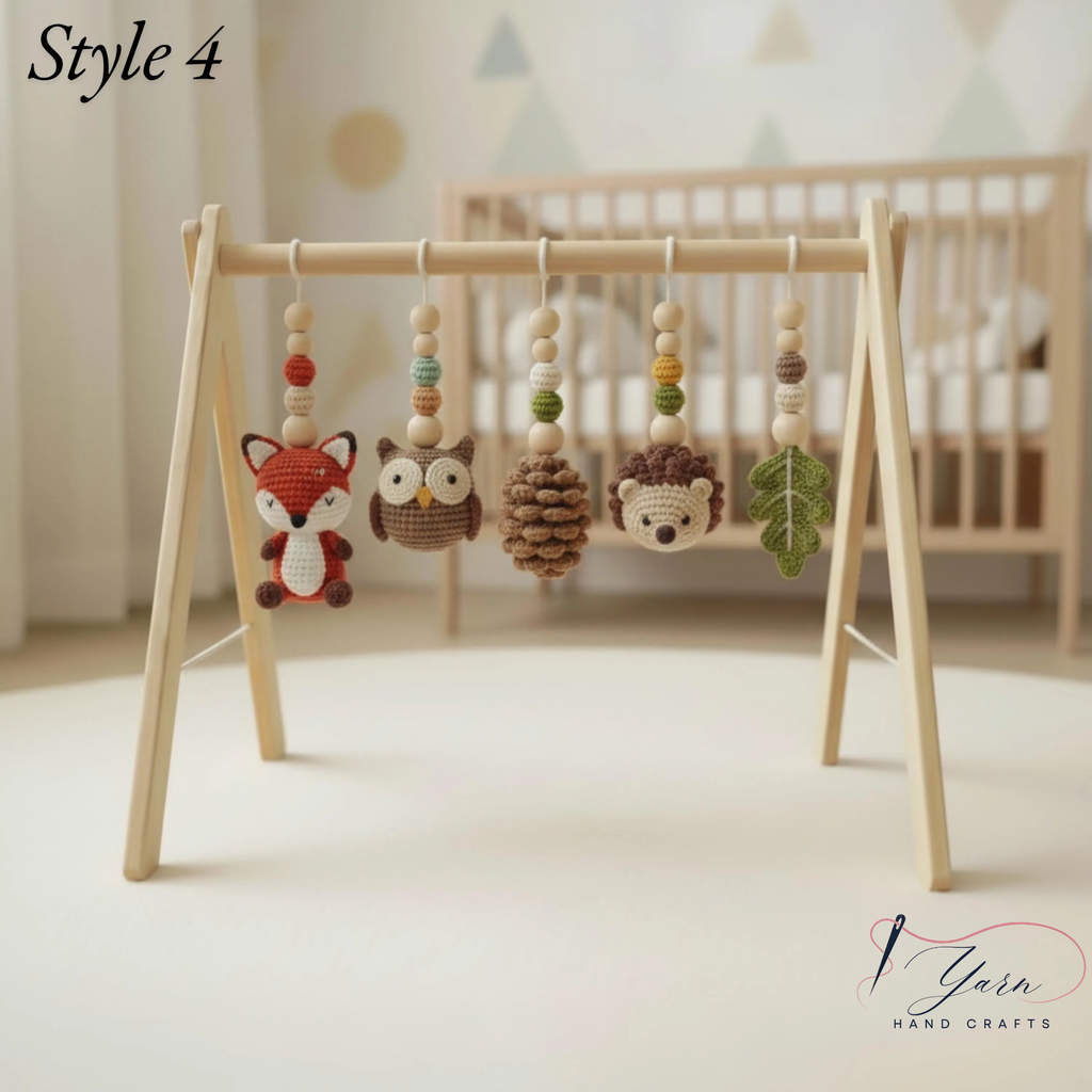 Woodland Baby Gym Wooden Play Gym with Crochet Fox Deer Bunny Flower Mushroom | Montessori Baby Activity Gym | Forest Nursery Decor