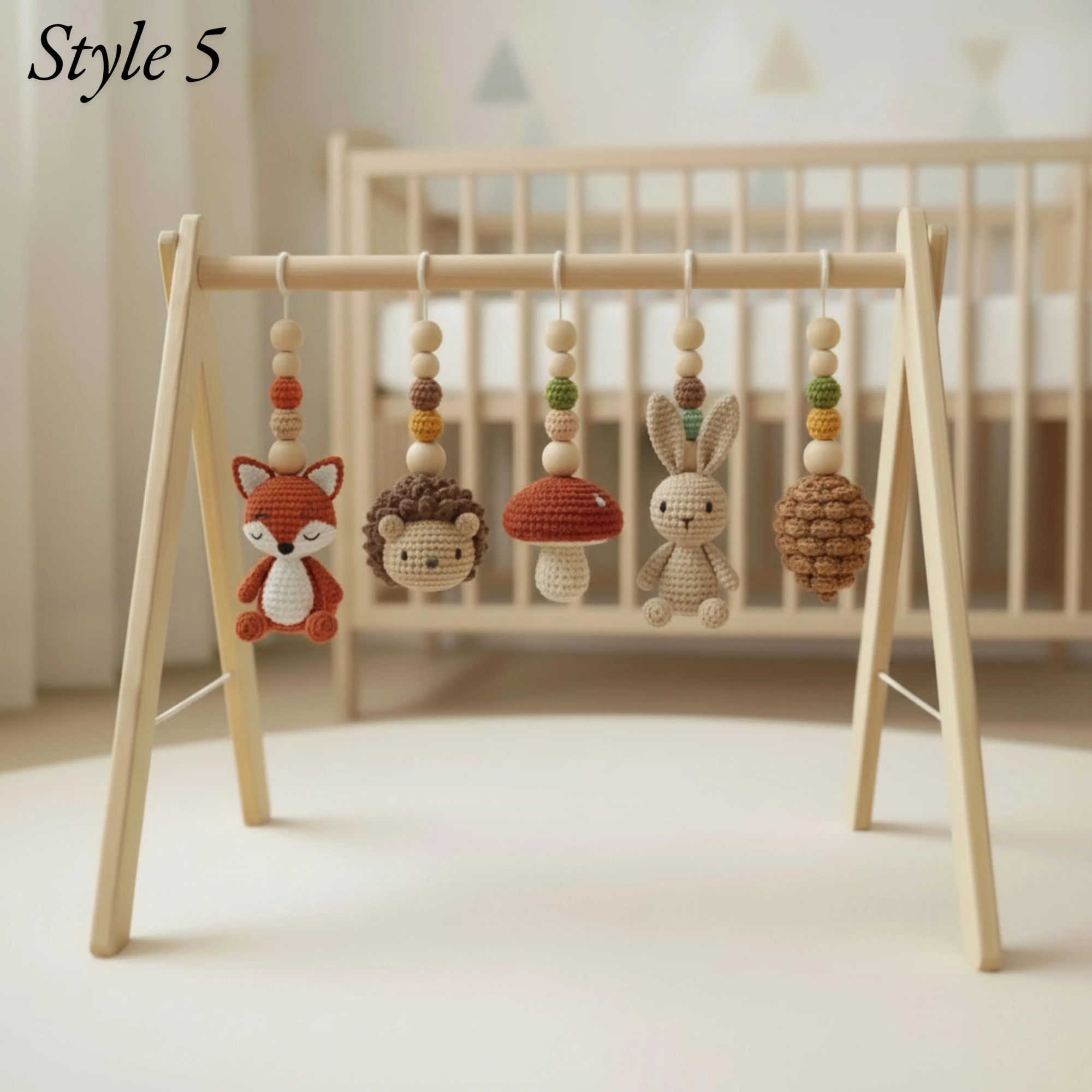 Woodland Baby Gym Wooden Play Gym with Crochet Fox Deer Bunny Flower Mushroom | Montessori Baby Activity Gym | Forest Nursery Decor