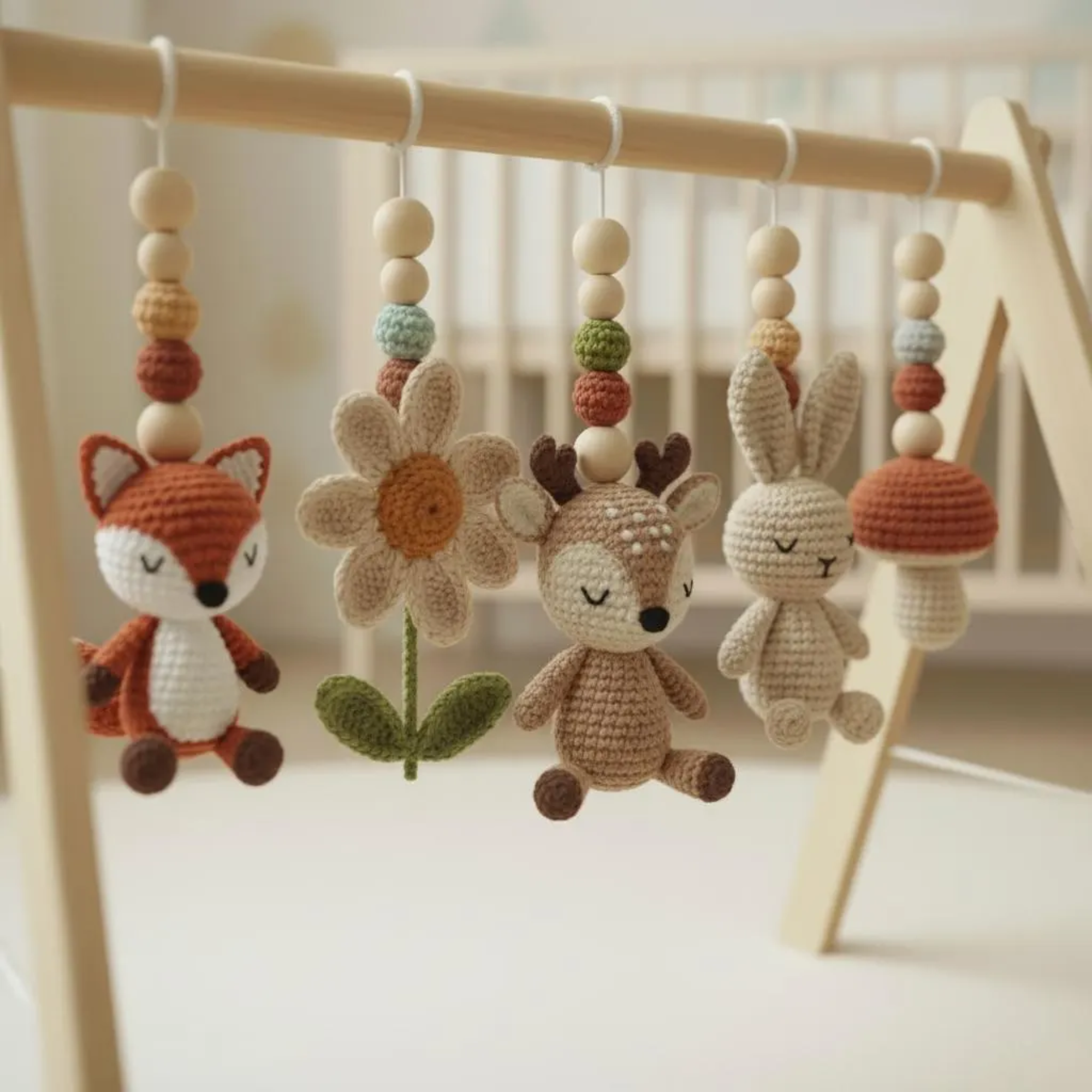 Woodland Baby Gym Wooden Play Gym with Crochet Fox Deer Bunny Flower Mushroom | Montessori Baby Activity Gym | Forest Nursery Decor