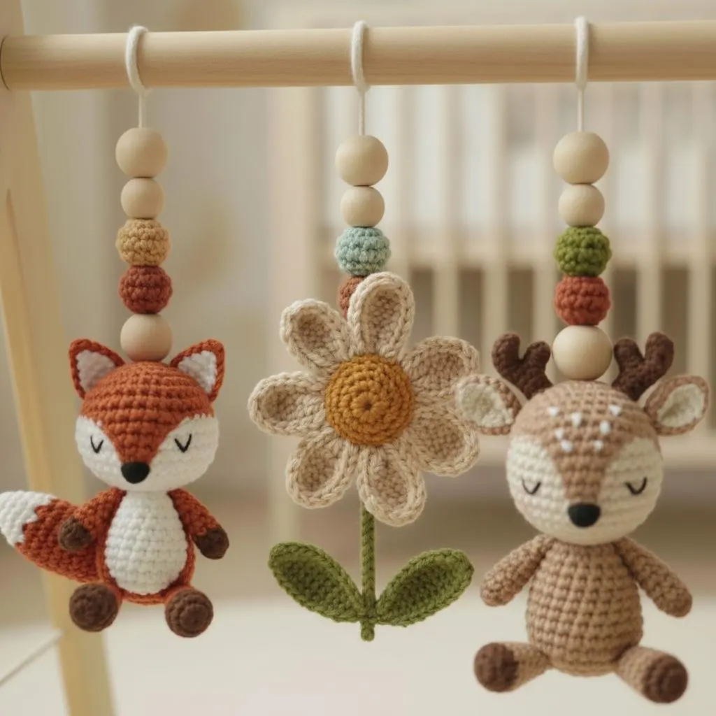 Woodland Baby Gym Wooden Play Gym with Crochet Fox Deer Bunny Flower Mushroom | Montessori Baby Activity Gym | Forest Nursery Decor