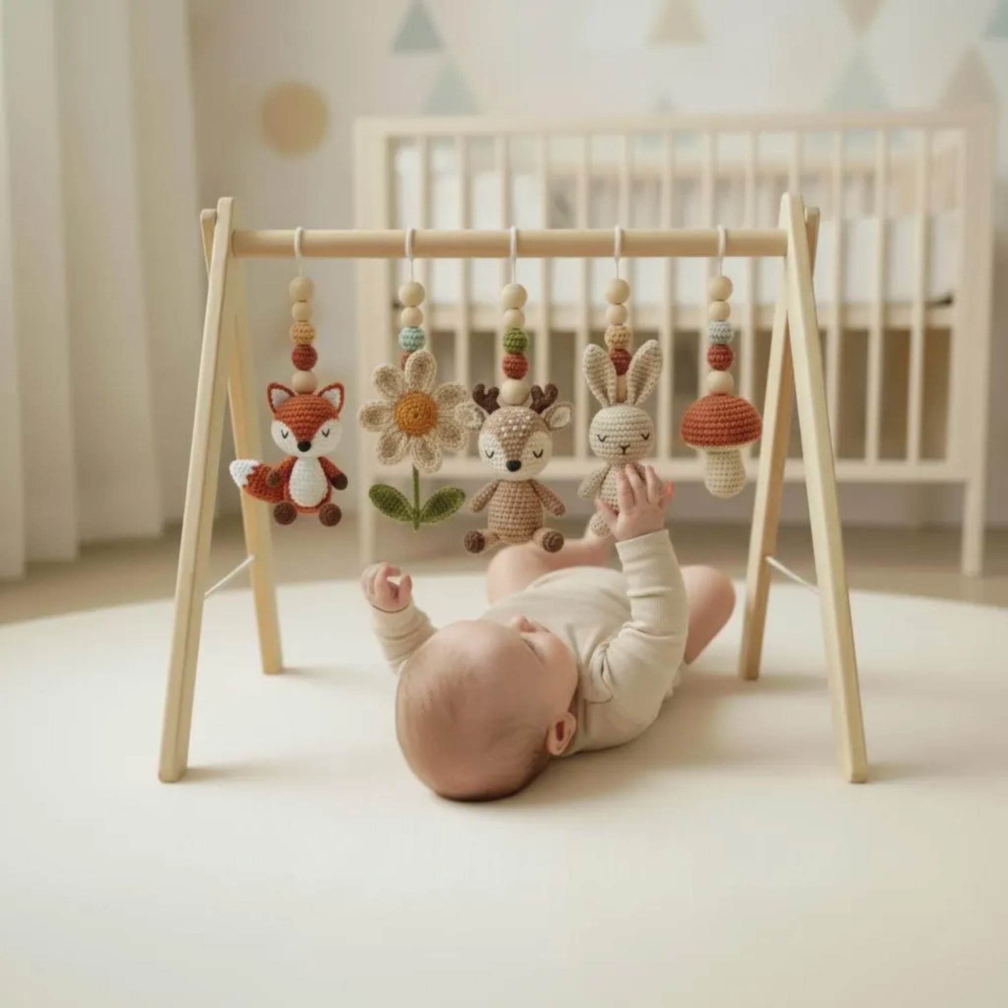 Woodland Baby Gym Wooden Play Gym with Crochet Fox Deer Bunny Flower Mushroom | Montessori Baby Activity Gym | Forest Nursery Decor