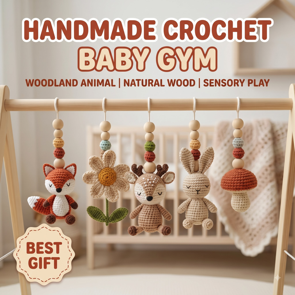 Woodland Baby Gym Wooden Play Gym with Crochet Fox Deer Bunny Flower Mushroom | Montessori Baby Activity Gym | Forest Nursery Decor
