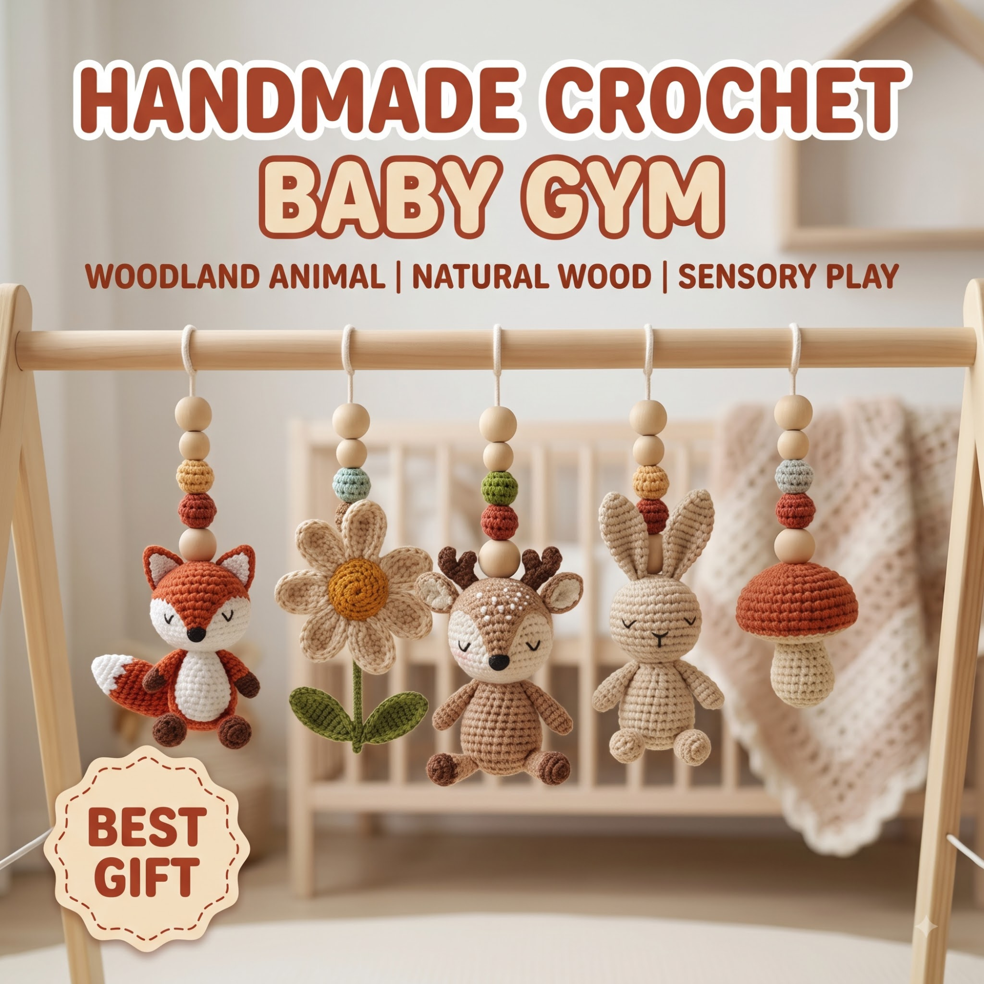 Woodland Baby Gym Wooden Play Gym with Crochet Fox Deer Bunny Flower Mushroom | Montessori Baby Activity Gym | Forest Nursery Decor