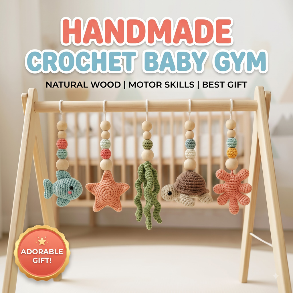 Handmade Ocean Baby Play Gym, Crochet Sea Animal Hanging Toys, Montessori Wooden Baby Gym, Neutral Nursery Decor, Newborn Baby Gift