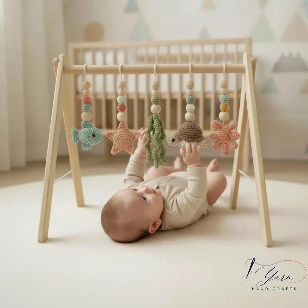 Handmade Ocean Baby Play Gym, Crochet Sea Animal Hanging Toys, Montessori Wooden Baby Gym, Neutral Nursery Decor, Newborn Baby Gift