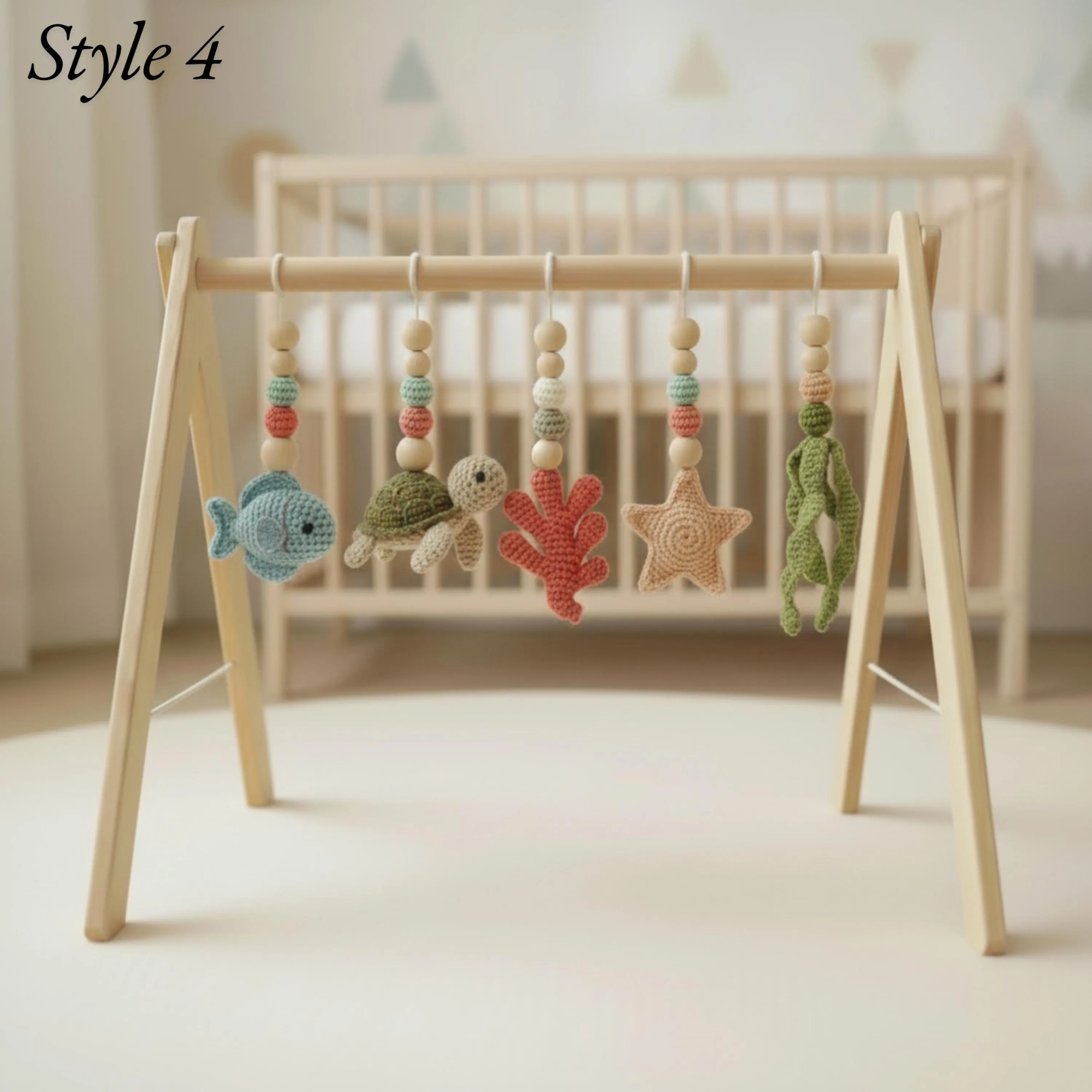 Handmade Ocean Baby Play Gym, Crochet Sea Animal Hanging Toys, Montessori Wooden Baby Gym, Neutral Nursery Decor, Newborn Baby Gift
