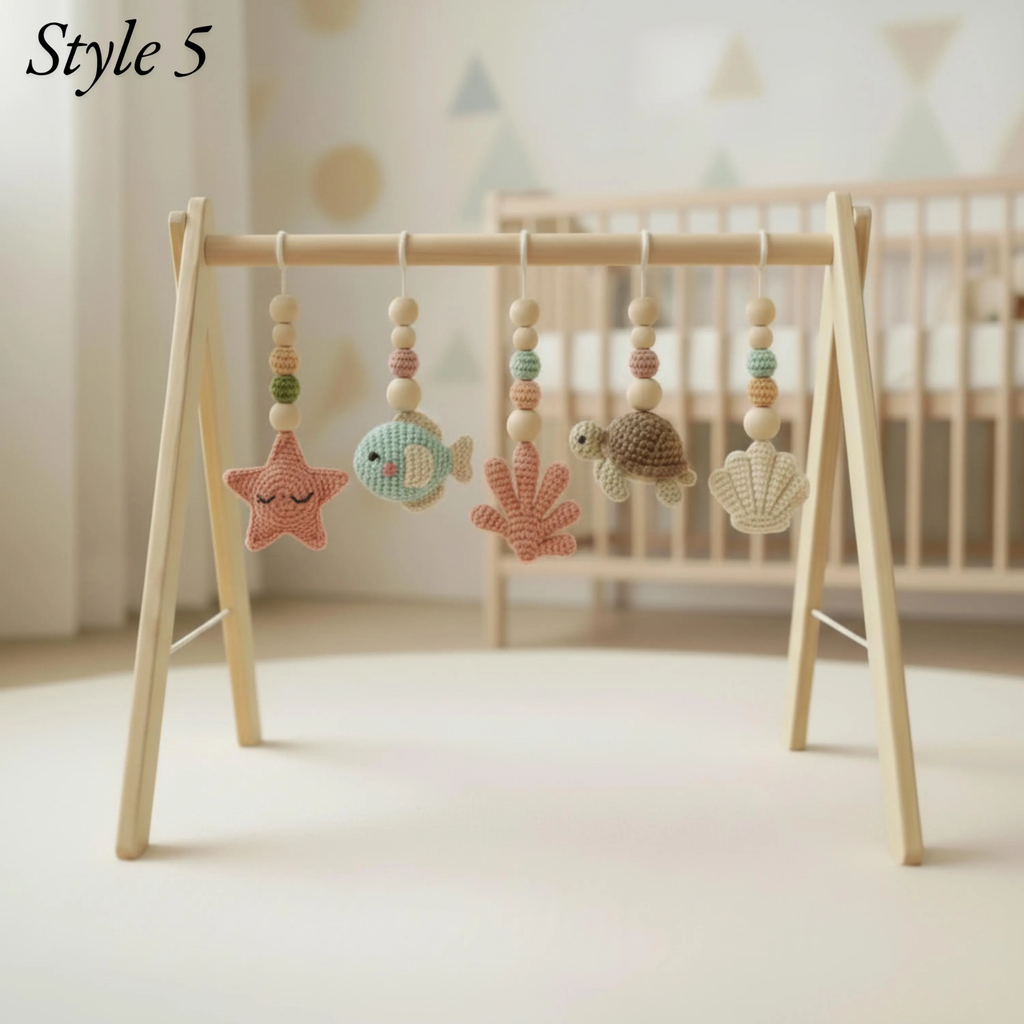 Handmade Ocean Baby Play Gym, Crochet Sea Animal Hanging Toys, Montessori Wooden Baby Gym, Neutral Nursery Decor, Newborn Baby Gift