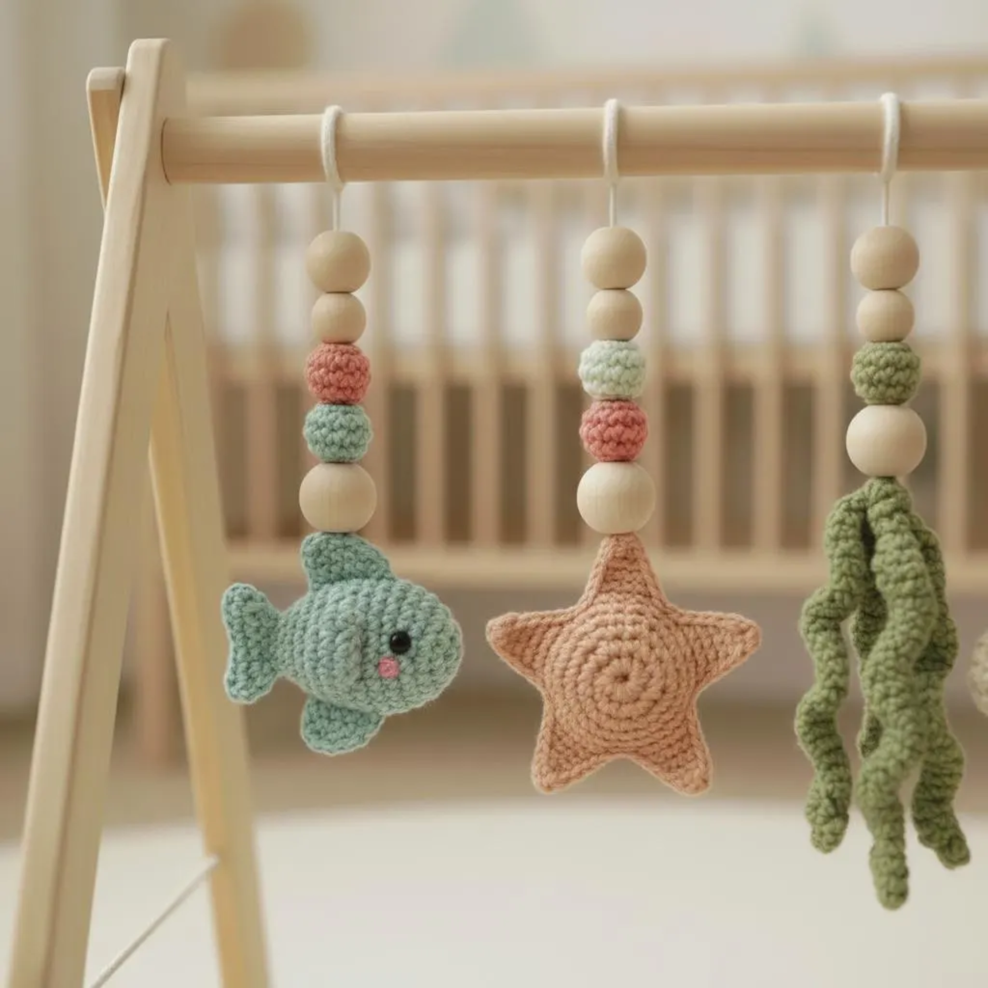 Handmade Ocean Baby Play Gym, Crochet Sea Animal Hanging Toys, Montessori Wooden Baby Gym, Neutral Nursery Decor, Newborn Baby Gift