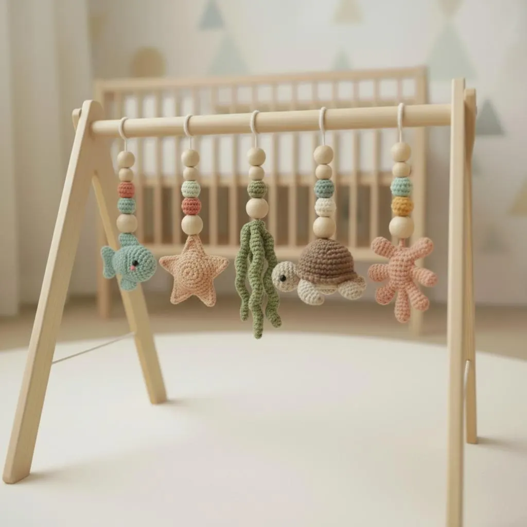 Handmade Ocean Baby Play Gym, Crochet Sea Animal Hanging Toys, Montessori Wooden Baby Gym, Neutral Nursery Decor, Newborn Baby Gift