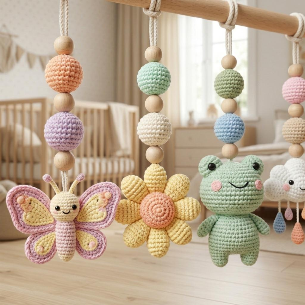 Crochet Baby Gym Hanging Toys Set, Butterfly Frog Snail Nursery Decor, Montessori Sensory Toy, Pastel Baby Play Gym Accessories, Baby Gift