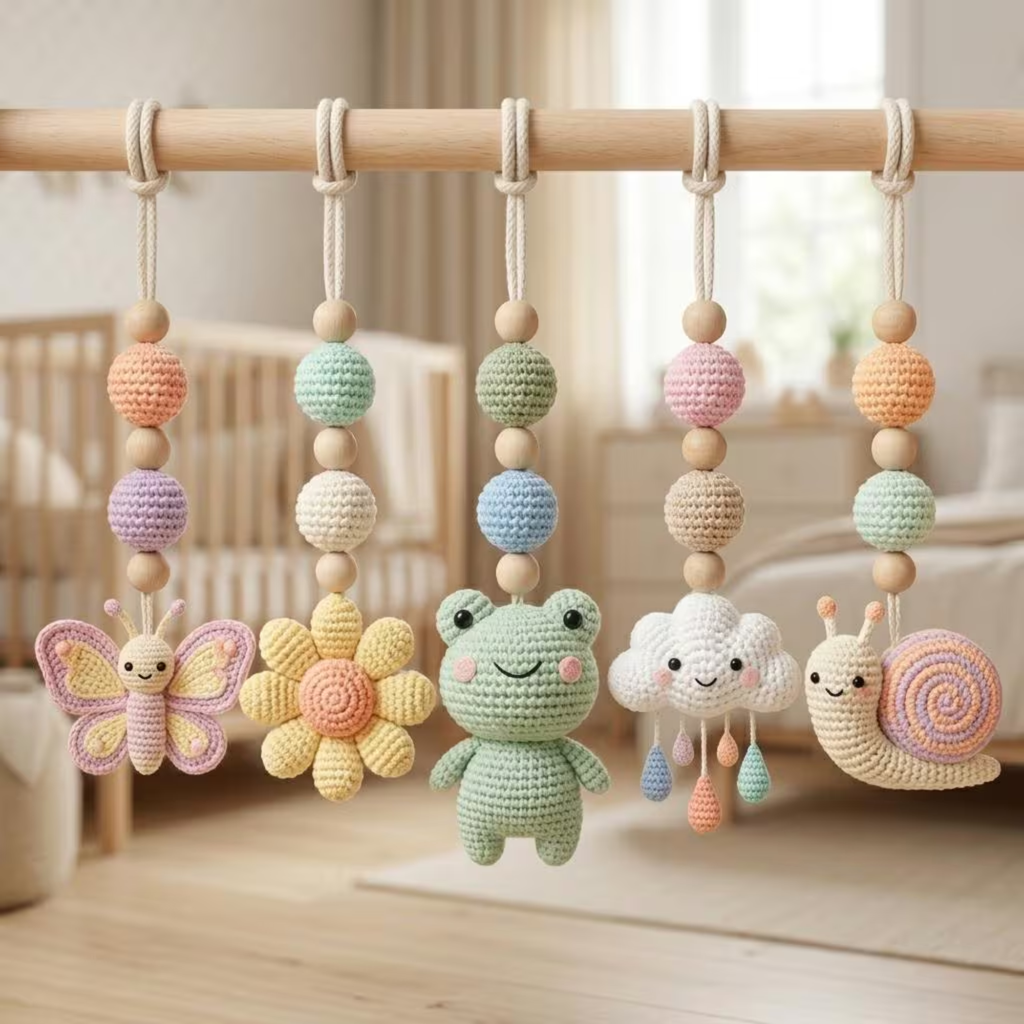 Crochet Baby Gym Hanging Toys Set, Butterfly Frog Snail Nursery Decor, Montessori Sensory Toy, Pastel Baby Play Gym Accessories, Baby Gift