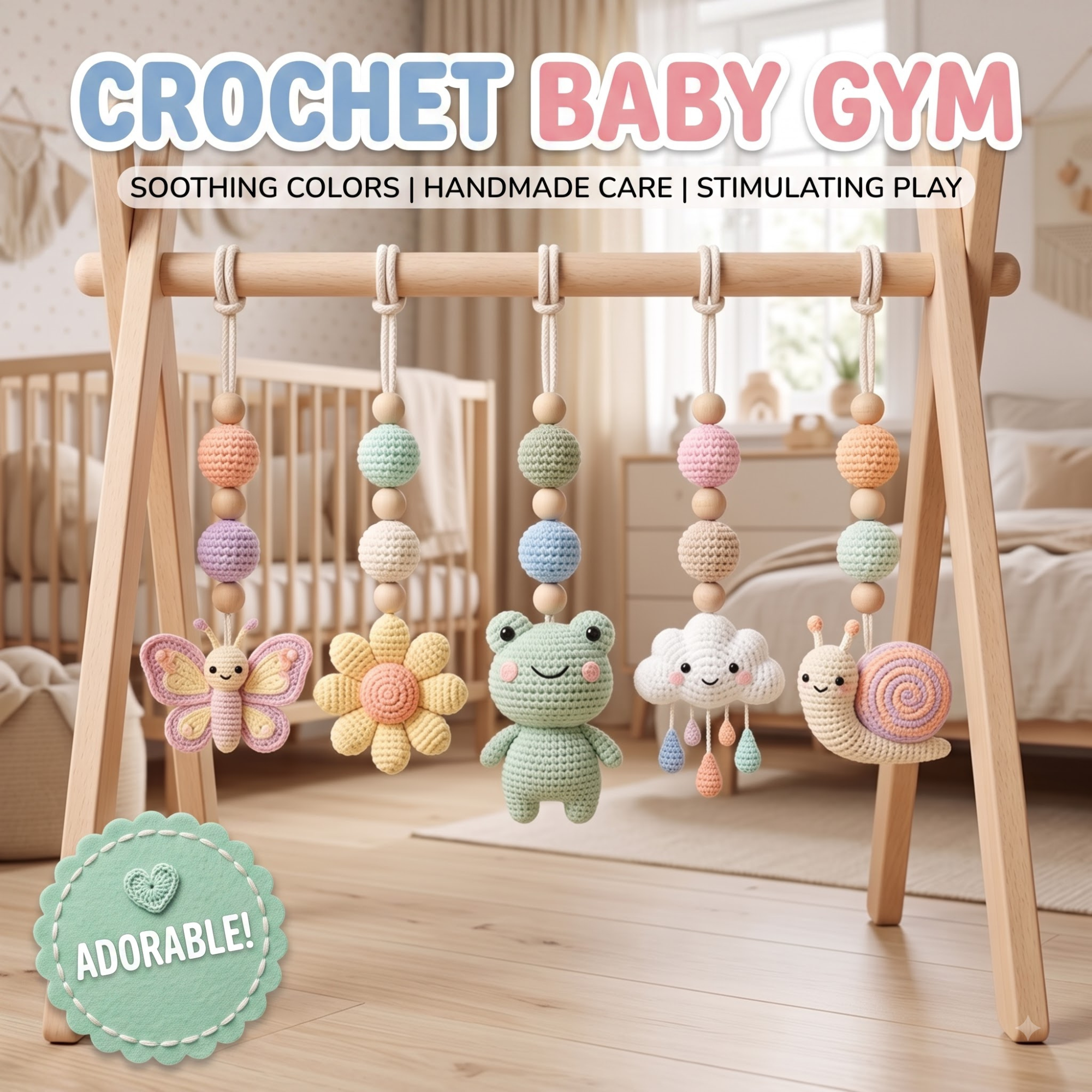 Crochet Baby Gym Hanging Toys Set, Butterfly Frog Snail Nursery Decor, Montessori Sensory Toy, Pastel Baby Play Gym Accessories, Baby Gift