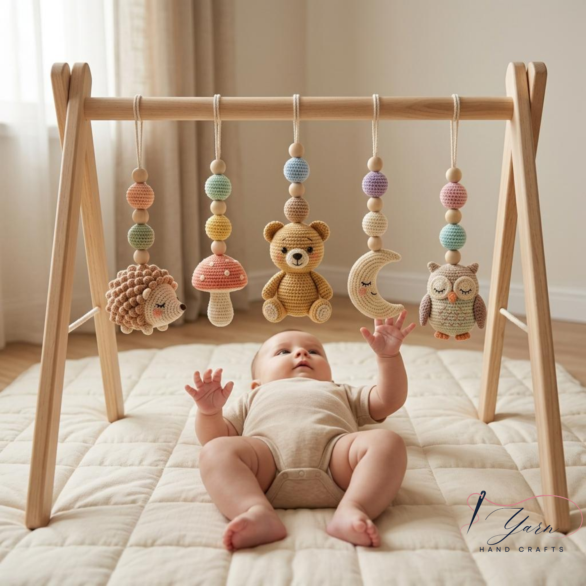 Crochet Baby Gym Hanging Toys Set, Woodland Nursery Accessories, Hedgehog Bear Owl Mobile Toys, Montessori Sensory Play, Neutral Baby Gift