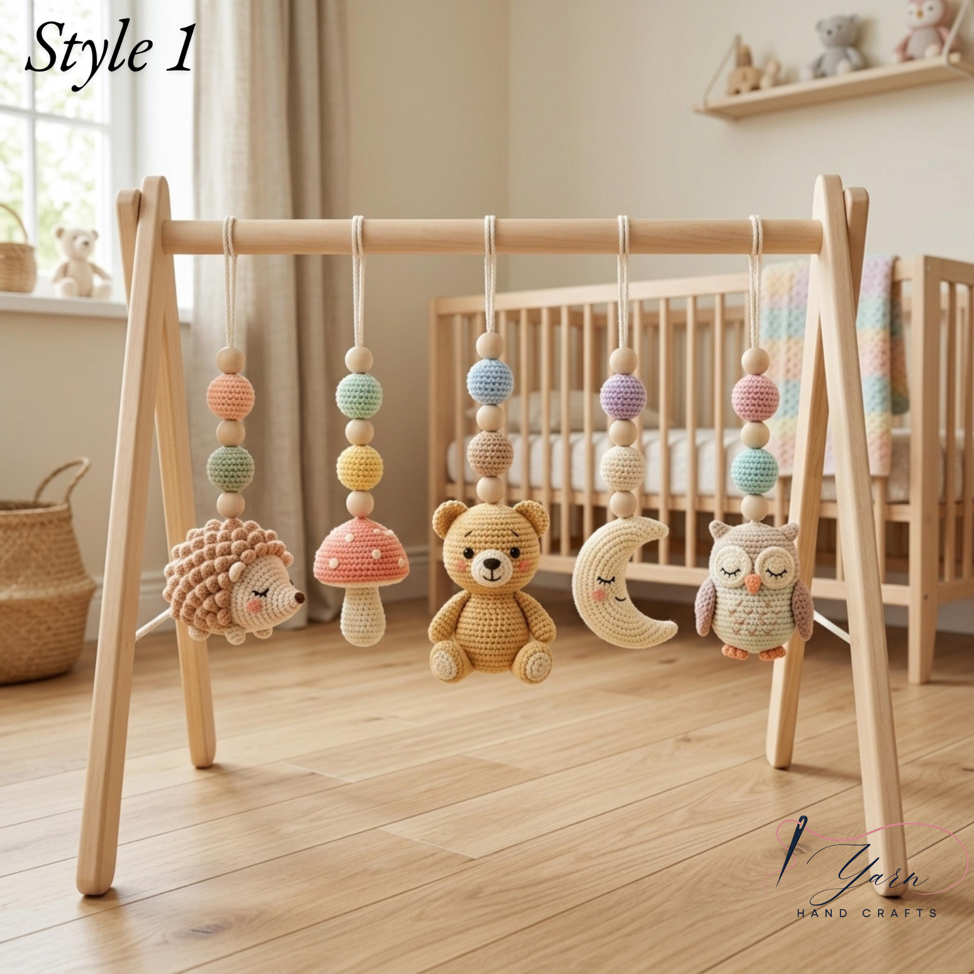 Crochet Baby Gym Hanging Toys Set, Woodland Nursery Accessories, Hedgehog Bear Owl Mobile Toys, Montessori Sensory Play, Neutral Baby Gift