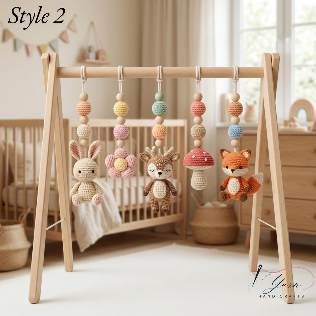 Crochet Baby Gym Hanging Toys Set, Woodland Nursery Accessories, Hedgehog Bear Owl Mobile Toys, Montessori Sensory Play, Neutral Baby Gift