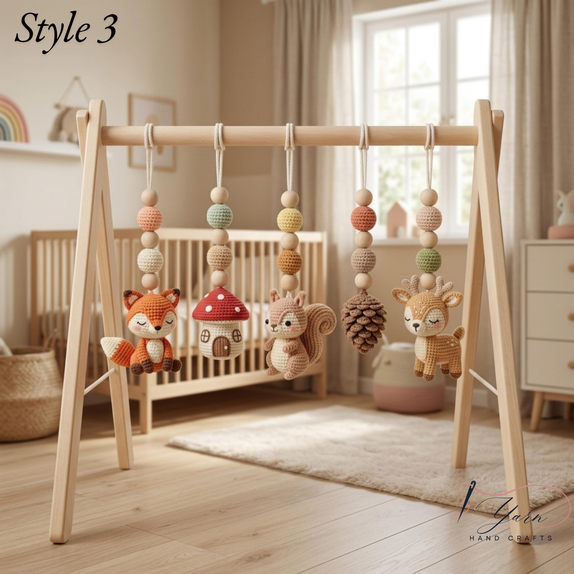 Crochet Baby Gym Hanging Toys Set, Woodland Nursery Accessories, Hedgehog Bear Owl Mobile Toys, Montessori Sensory Play, Neutral Baby Gift