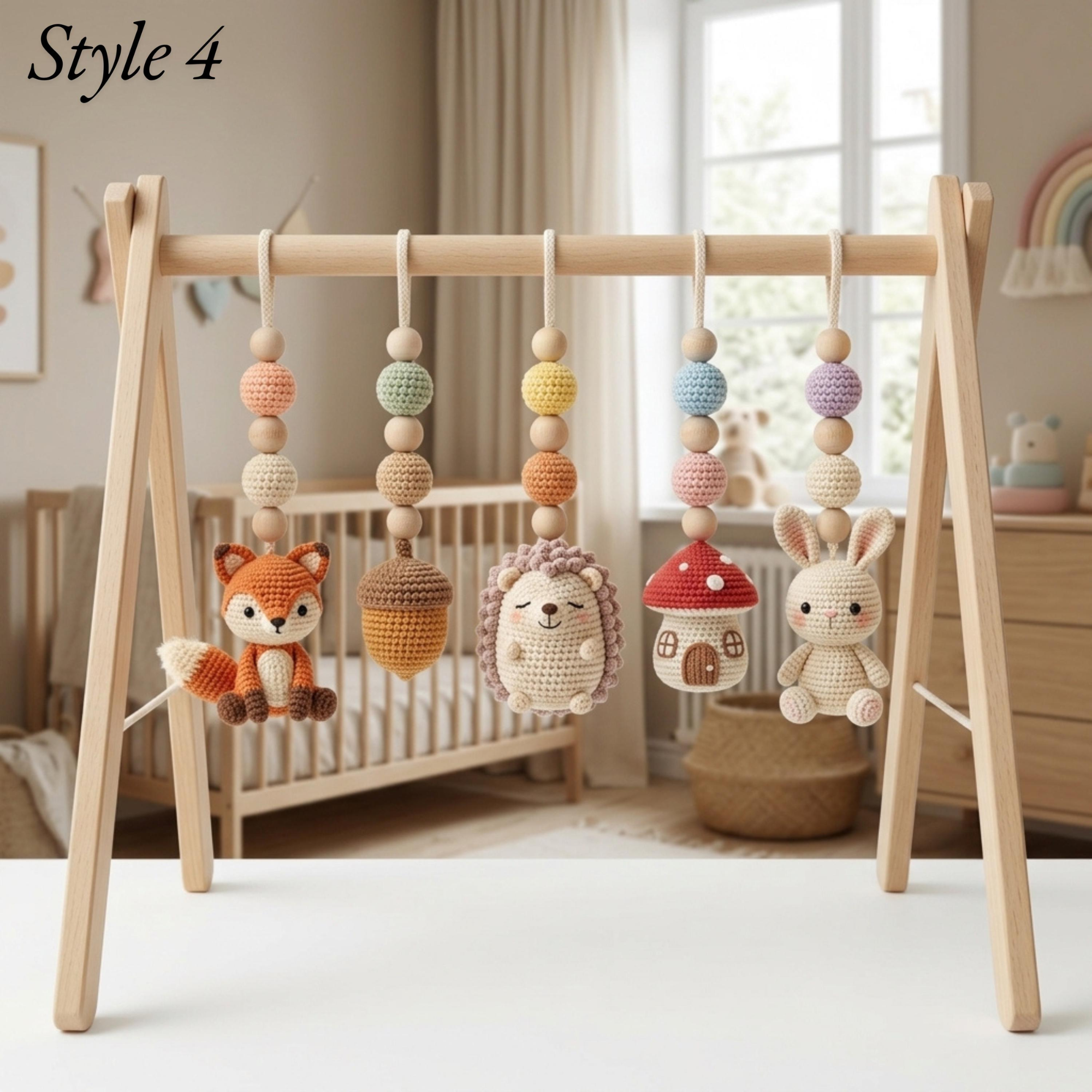 Crochet Baby Gym Hanging Toys Set, Woodland Nursery Accessories, Hedgehog Bear Owl Mobile Toys, Montessori Sensory Play, Neutral Baby Gift