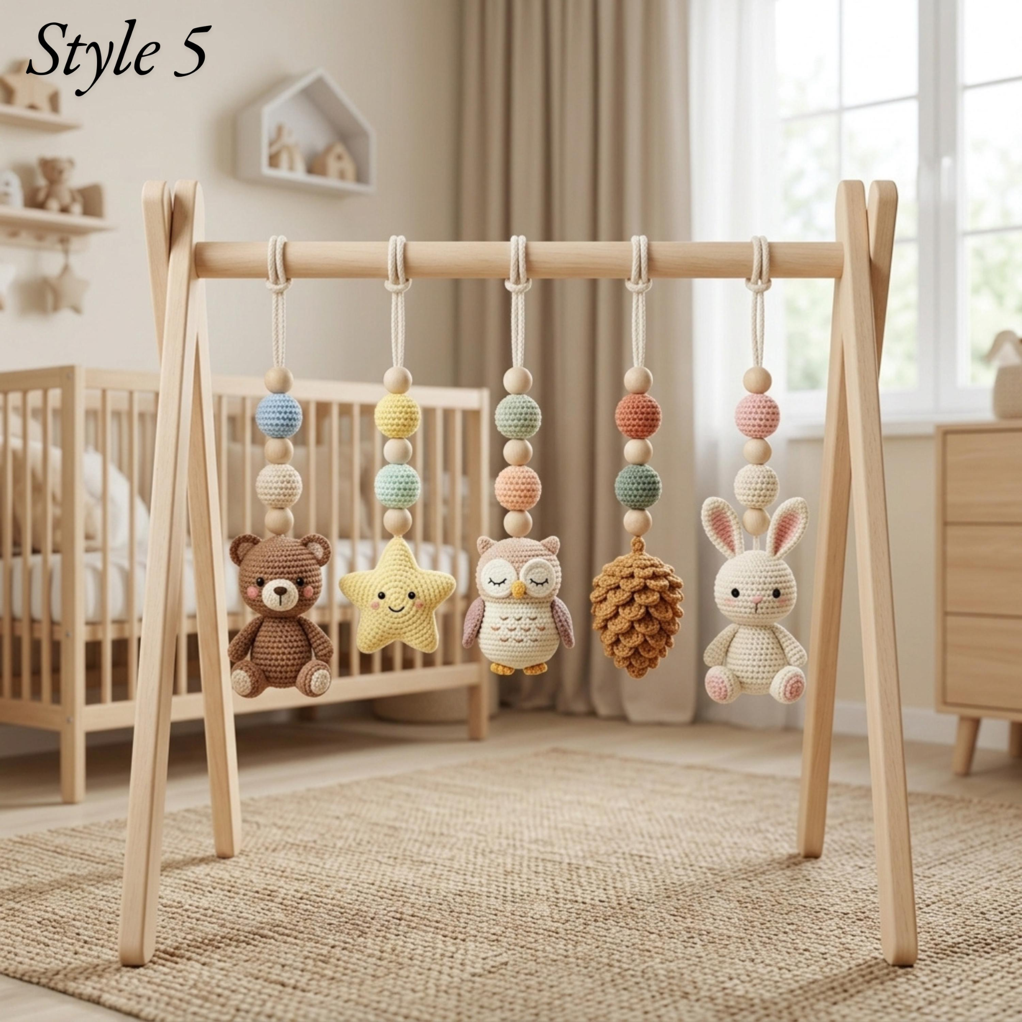 Crochet Baby Gym Hanging Toys Set, Woodland Nursery Accessories, Hedgehog Bear Owl Mobile Toys, Montessori Sensory Play, Neutral Baby Gift