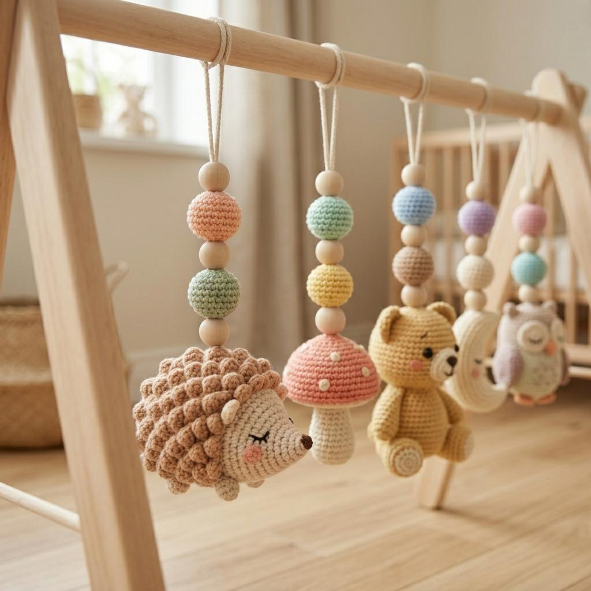 Crochet Baby Gym Hanging Toys Set, Woodland Nursery Accessories, Hedgehog Bear Owl Mobile Toys, Montessori Sensory Play, Neutral Baby Gift