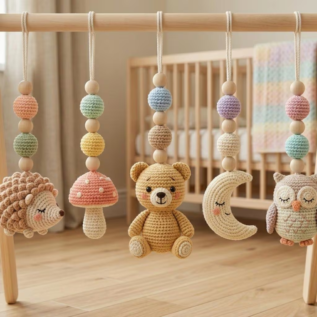 Crochet Baby Gym Hanging Toys Set, Woodland Nursery Accessories, Hedgehog Bear Owl Mobile Toys, Montessori Sensory Play, Neutral Baby Gift