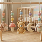 Crochet Baby Gym Hanging Toys Set, Woodland Nursery Accessories, Hedgehog Bear Owl Mobile Toys, Montessori Sensory Play, Neutral Baby Gift