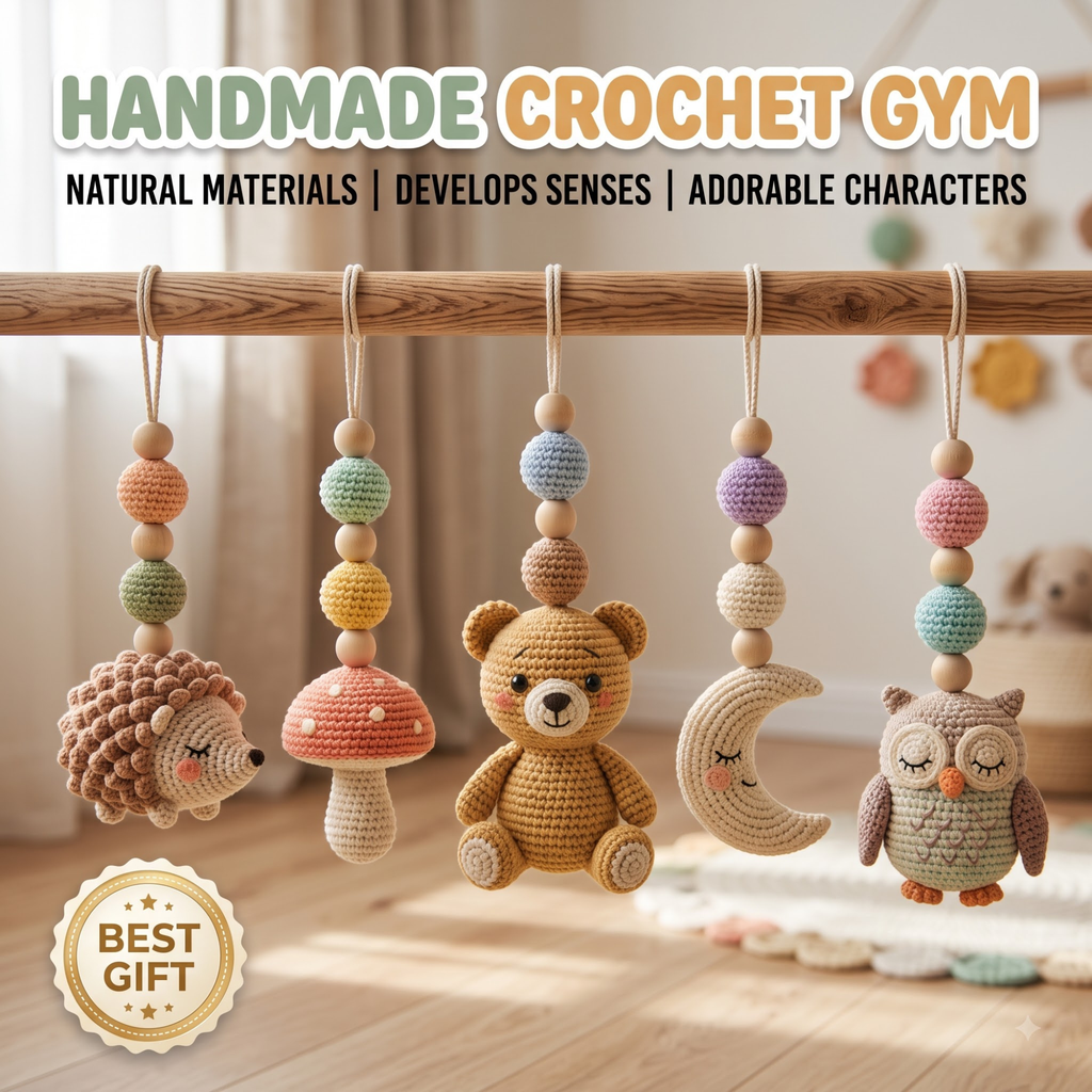 Crochet Baby Gym Hanging Toys Set, Woodland Nursery Accessories, Hedgehog Bear Owl Mobile Toys, Montessori Sensory Play, Neutral Baby Gift