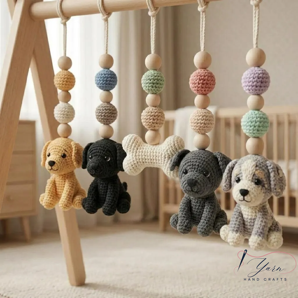 Crochet Dog Baby Gym Toys, Handmade Puppy Play Gym Set, Puppy Nursery Decor, Montessori Baby Activity Gym, Sensory Toy, Newborn Gift