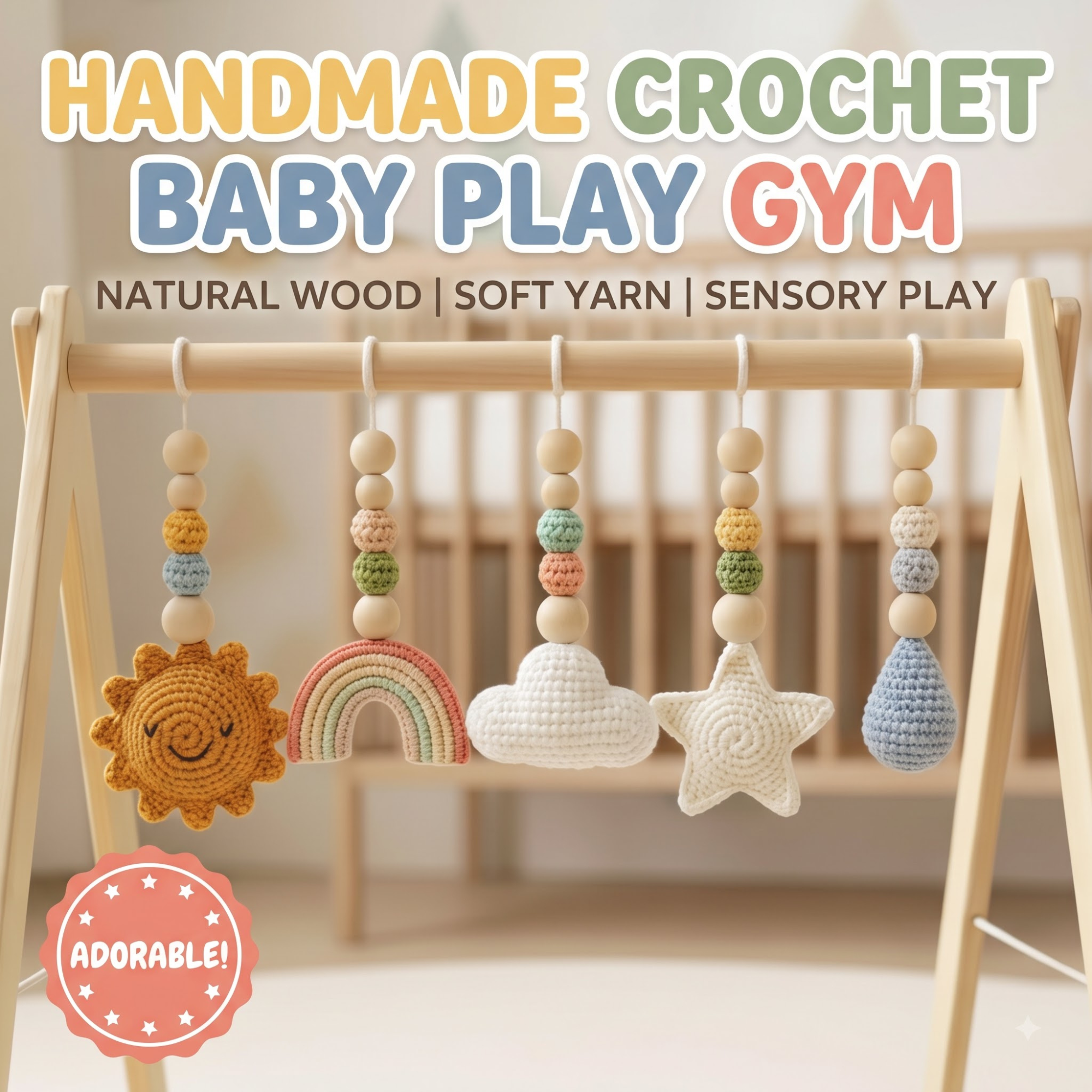 Rainbow Baby Gym Wooden Play Gym, Crochet Sky Theme Baby Toys, Montessori Activity Gym, Cloud Rainbow Nursery Decor, Handmade Newborn Gift