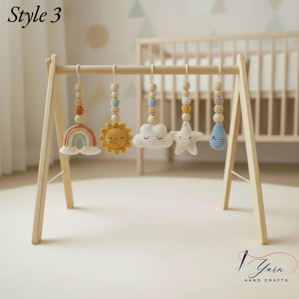Rainbow Baby Gym Wooden Play Gym, Crochet Sky Theme Baby Toys, Montessori Activity Gym, Cloud Rainbow Nursery Decor, Handmade Newborn Gift