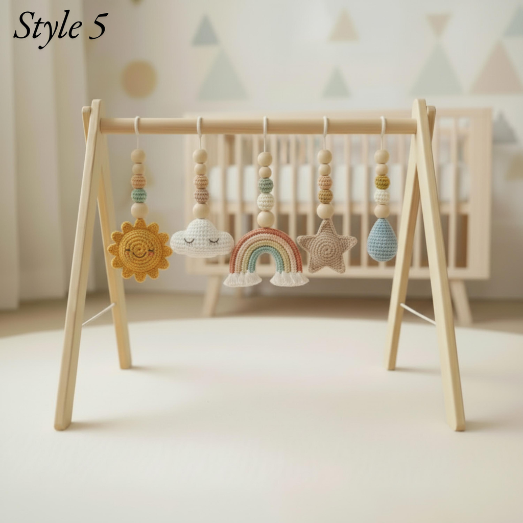 Rainbow Baby Gym Wooden Play Gym, Crochet Sky Theme Baby Toys, Montessori Activity Gym, Cloud Rainbow Nursery Decor, Handmade Newborn Gift